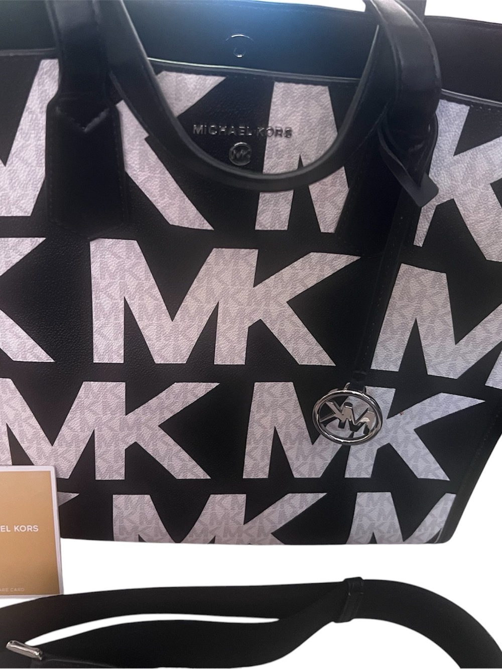 Michael Kors Black & White MK Signature Tote with Silver Charm
